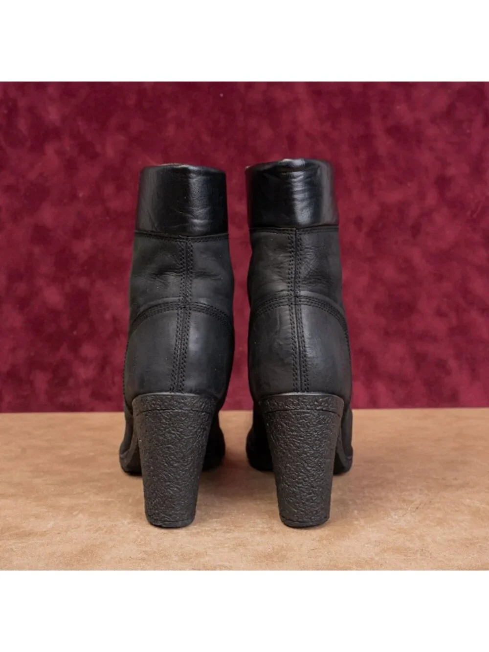 Timberland Women Glancy Lace-up Black Leather Heel Combat Boots sz 8
